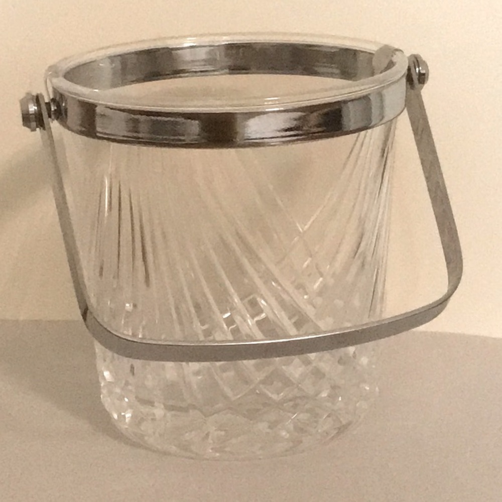 Vintage Crystal Heavy Cut Glass or Pressed Ice Bucket Clear Silver